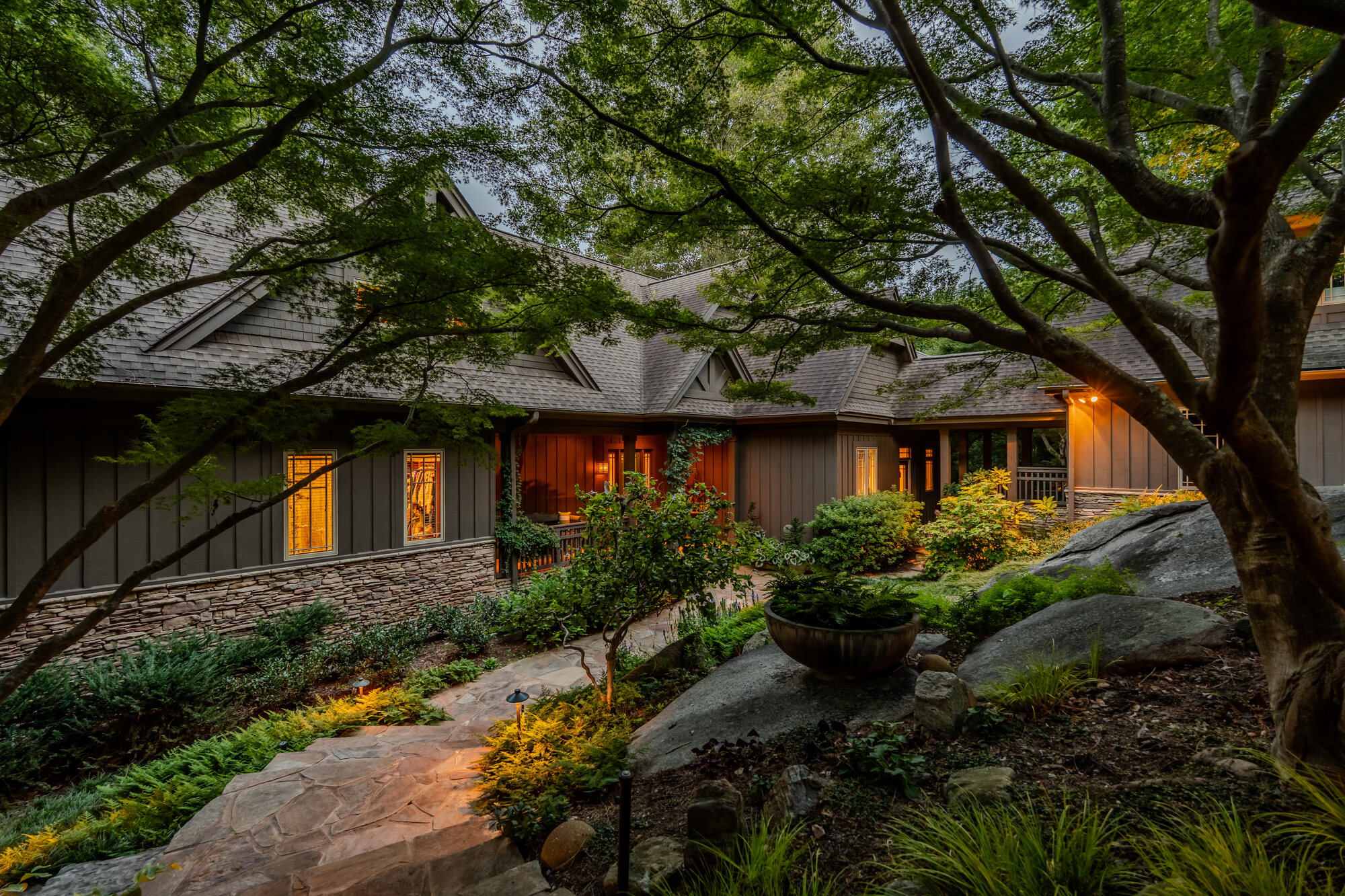 6 Eagle Rock Road at dusk, seen from the garden
