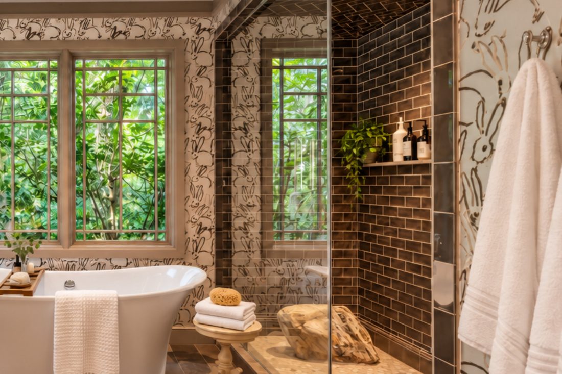 Steam shower with a granite boulder standing in it